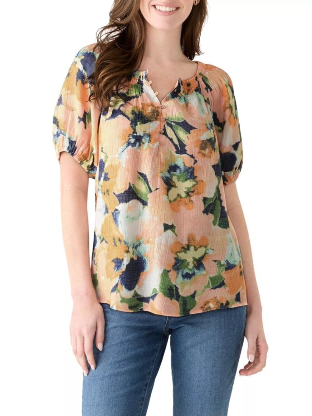 Wonderly Peach Multi Color Floral Puff Sleeve Blouse Smocked Boho Top XL